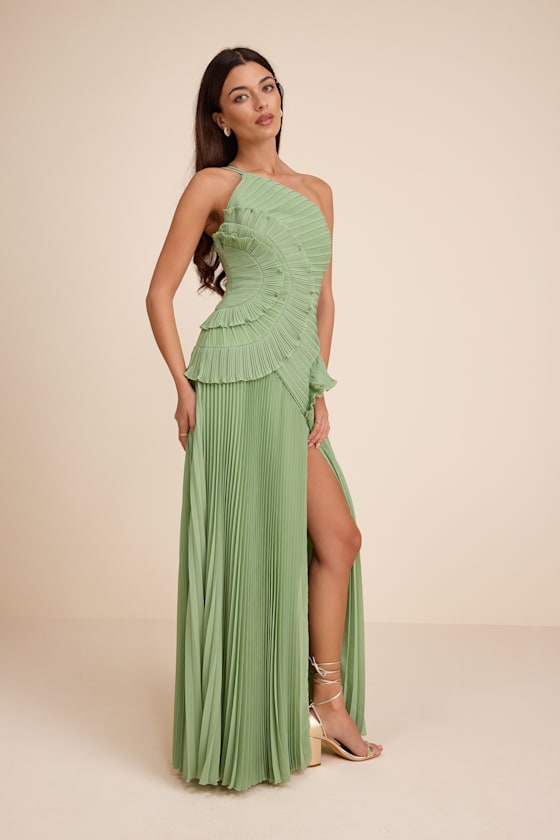 Magdalene Light Green Pleated Asymmetrical Maxi Dress
