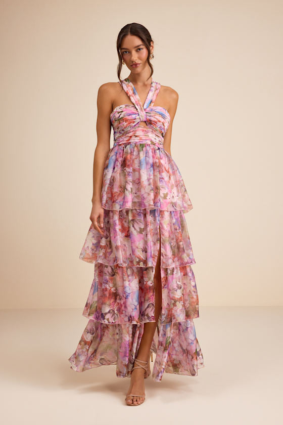 Dayanara Pink Multi Floral Organza Tiered Maxi Dress