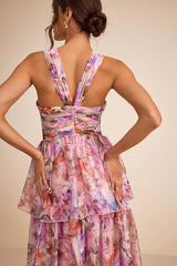 Dayanara Pink Multi Floral Organza Tiered Maxi Dress