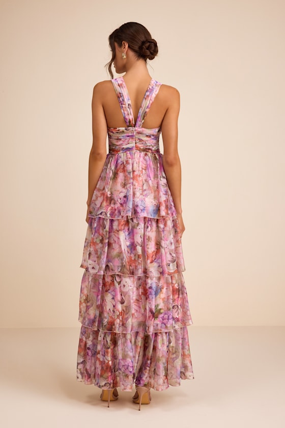 Dayanara Pink Multi Floral Organza Tiered Maxi Dress