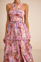 Dayanara Pink Multi Floral Organza Tiered Maxi Dress