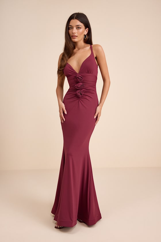 Dinah Wine Red Slinky Knit Rosette Maxi Dress