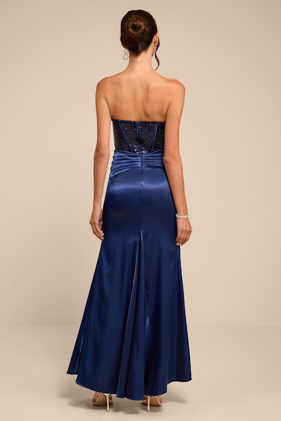 Ria Navy Blue Sequin Strapless Mermaid Maxi Dress