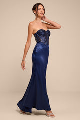Ria Navy Blue Sequin Strapless Mermaid Maxi Dress