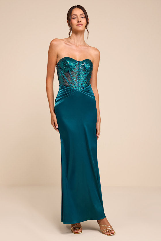 Ria Emerald Sequin Strapless Mermaid Maxi Dress