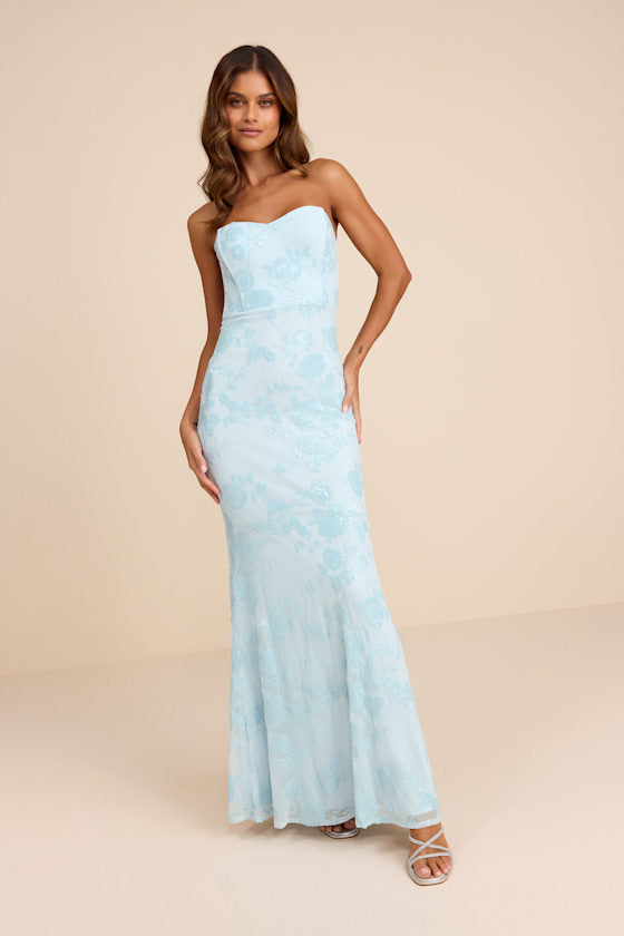 Mayley Light Blue Sequin Strapless Maxi Dress