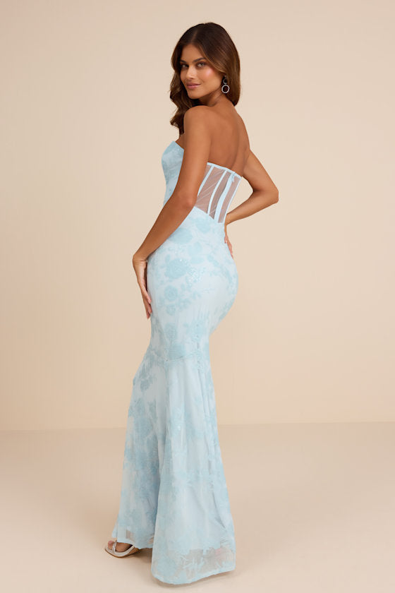 Mayley Light Blue Sequin Strapless Maxi Dress