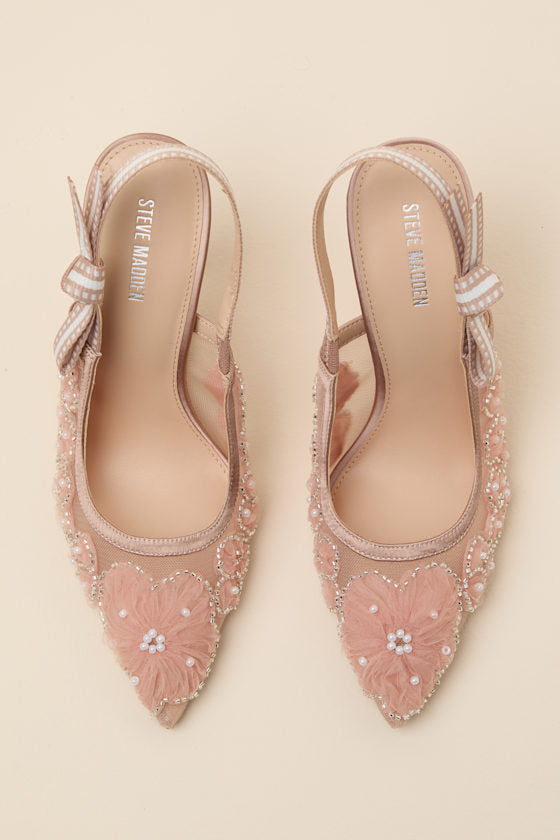 Bri Blush Mesh Ribbon Pointed-Toe Slingback Pumps