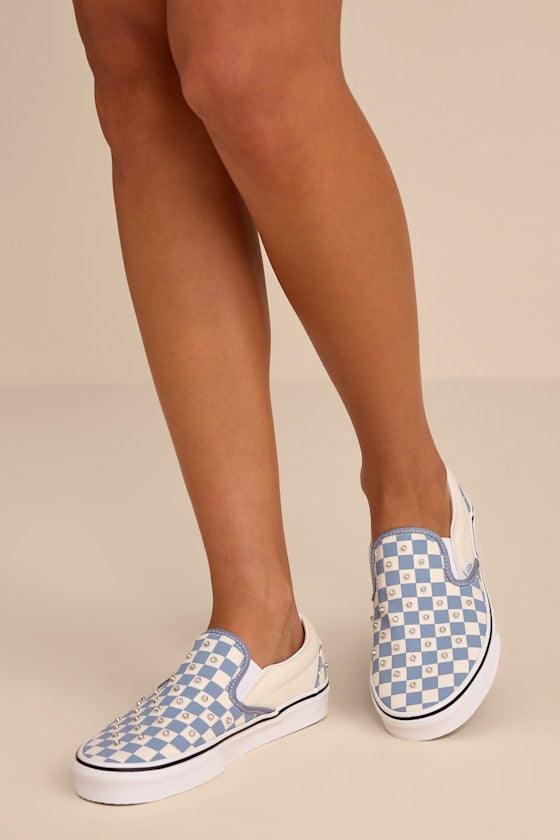 Classic Glacial Slate Checkerboard Rhinestone Slip-On Sneakers