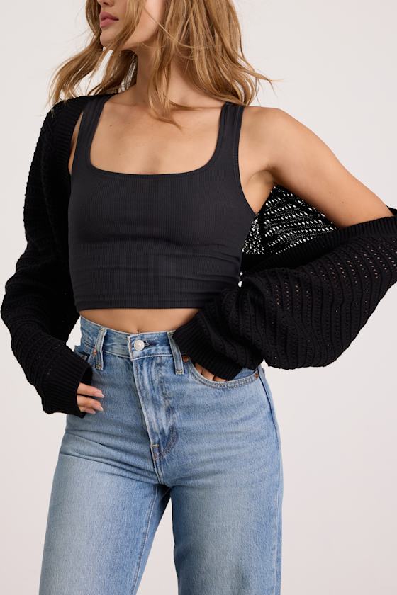 Perfectly Comforting Black Pointelle Open-Front Shrug Sweater