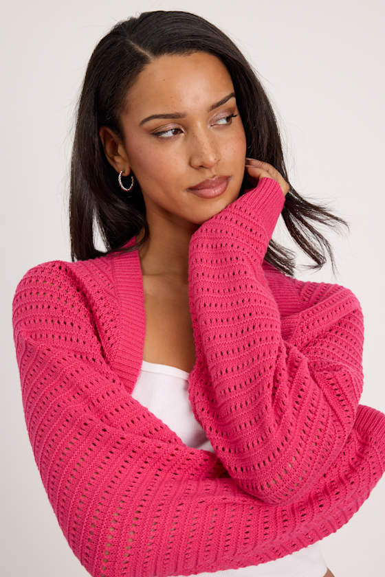 Perfectly Comforting Fuchsia Pointelle Open-Front Shrug Sweater