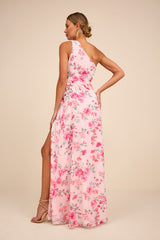 Elegant Admiration Light Pink Floral One-Shoulder Maxi Dress
