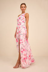 Elegant Admiration Light Pink Floral One-Shoulder Maxi Dress