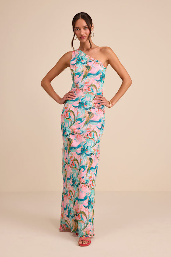 Mikesha Pink Multi Abstract One-Shoulder Sash Maxi Dress