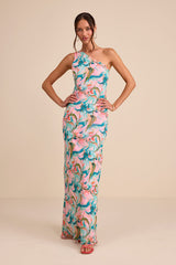 Mikesha Pink Multi Abstract One-Shoulder Sash Maxi Dress