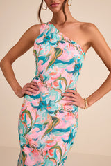 Mikesha Pink Multi Abstract One-Shoulder Sash Maxi Dress
