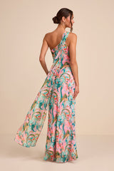 Mikesha Pink Multi Abstract One-Shoulder Sash Maxi Dress