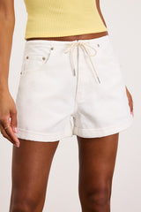 Maddie White Mid-Rise Drawstring Denim Shorts