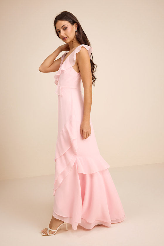 Charming Event Light Pink Asymmetrical Ruffled Maxi Dress