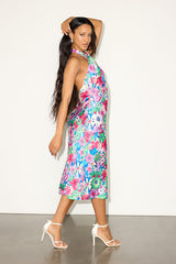 Beyond Classy Blue and Pink Floral Satin Halter Midi Dress