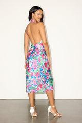 Beyond Classy Blue and Pink Floral Satin Halter Midi Dress