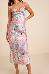 Favorite Icon Lavender Floral Satin Cowl Neck Slip Midi Dress