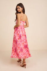 Sincerely Gorgeous Pink Multi Floral Pleated Midi Dress