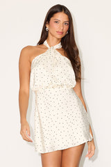 Sleek Essence White Polka Dot Satin Halter Sleeveless Mini Dress