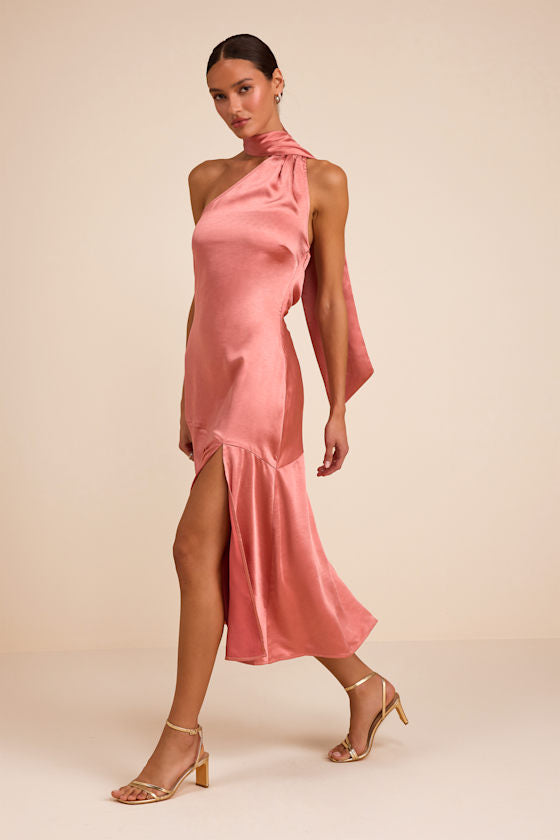 Reglan Pink Satin One-Shoulder Sash Midi Dress