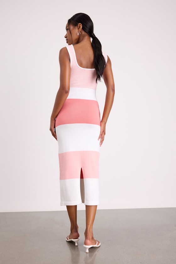Easily Gorgeous Ivory and Pink Striped Midi Sweater Dress