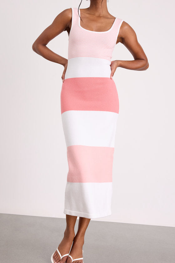 Easily Gorgeous Ivory and Pink Striped Midi Sweater Dress