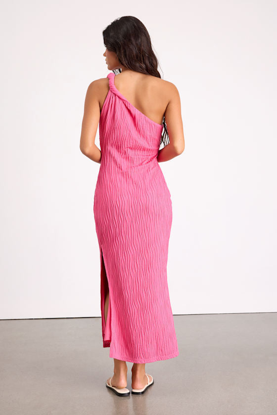 Aristea Fuchsia Textured One-Shoulder Midi Dress