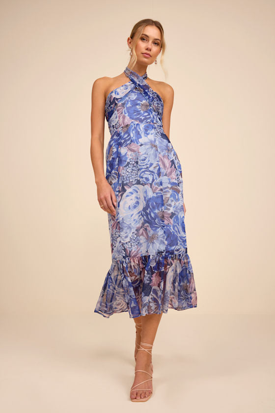 Juno Blue Multi Floral Halter Trumpet Midi Dress