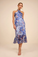 Juno Blue Multi Floral Halter Trumpet Midi Dress
