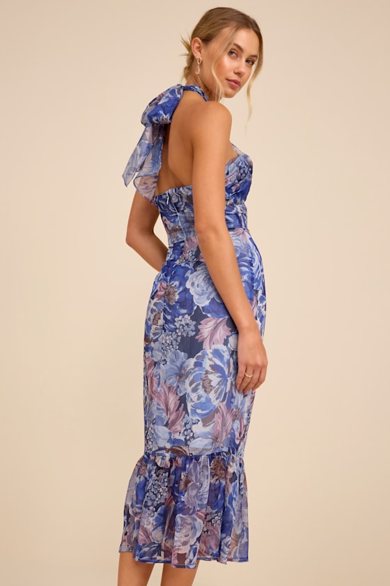 Juno Blue Multi Floral Halter Trumpet Midi Dress
