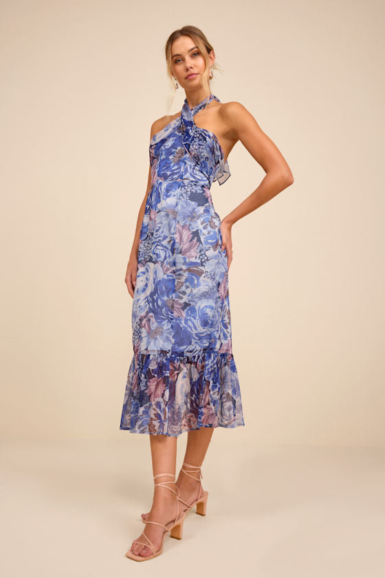 Juno Blue Multi Floral Halter Trumpet Midi Dress