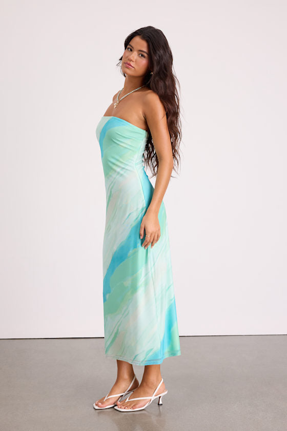 Jaylah Mint Multi Mesh Strapless Midi Dress