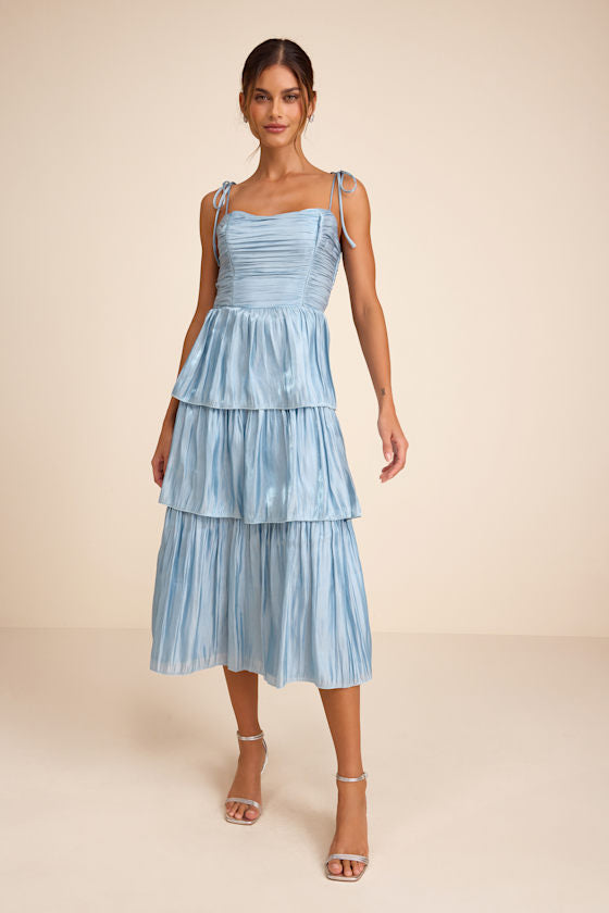 Tennon Dusty Blue Plisse Tiered Midi Dress