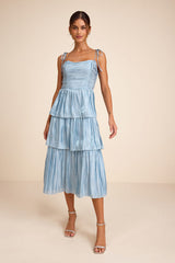 Tennon Dusty Blue Plisse Tiered Midi Dress