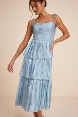 Tennon Dusty Blue Plisse Tiered Midi Dress