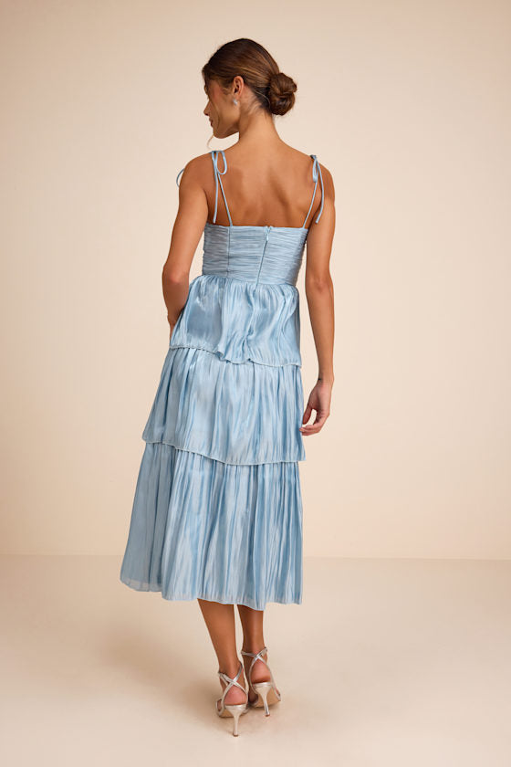 Tennon Dusty Blue Plisse Tiered Midi Dress
