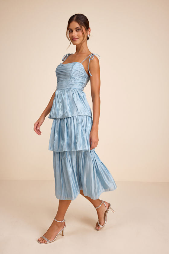 Tennon Dusty Blue Plisse Tiered Midi Dress