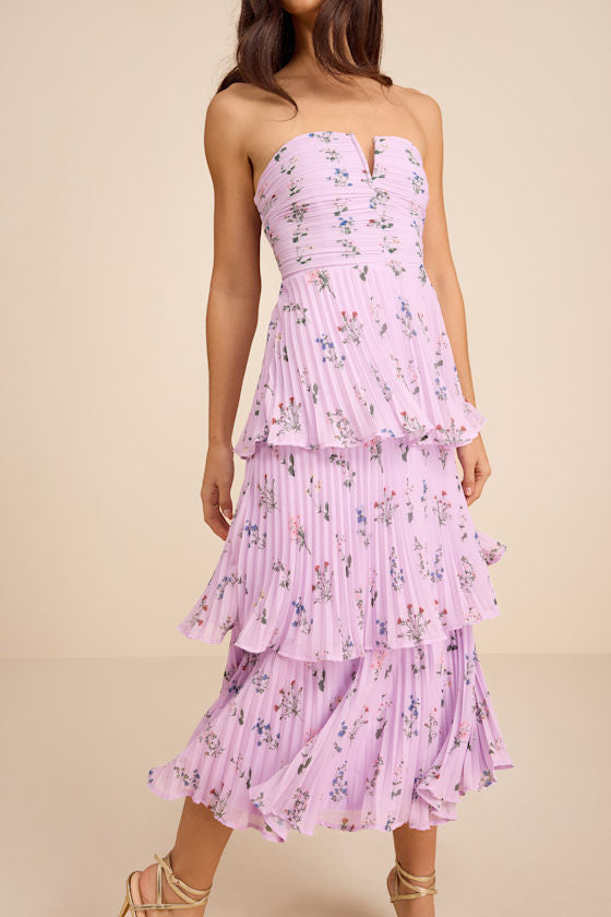 Hadelyn Lavender Floral Pleated Tiered Midi Dress