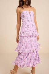 Hadelyn Lavender Floral Pleated Tiered Midi Dress