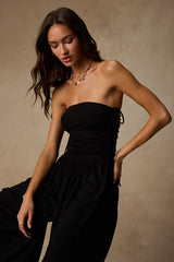 Halloran Black Pointelle Strapless Wide-Leg Jumpsuit