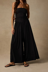Halloran Black Pointelle Strapless Wide-Leg Jumpsuit