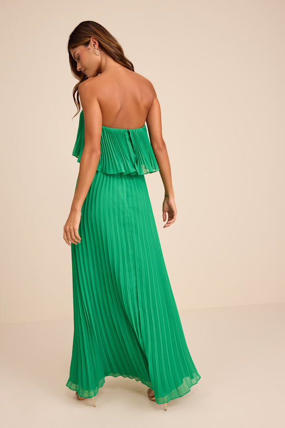 Arietta Green Pleated Strapless Maxi Dress
