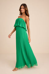 Arietta Green Pleated Strapless Maxi Dress