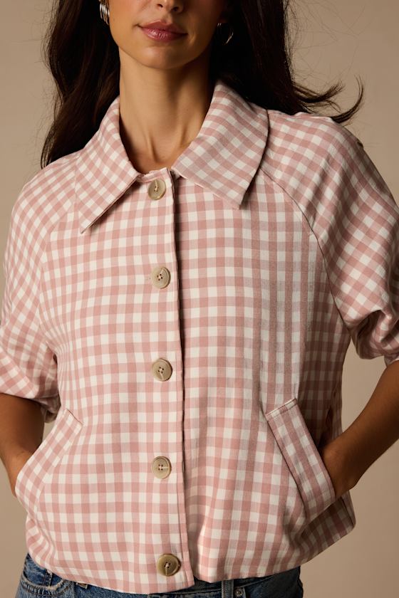 Clemmie Pink and White Gingham Cropped Shacket