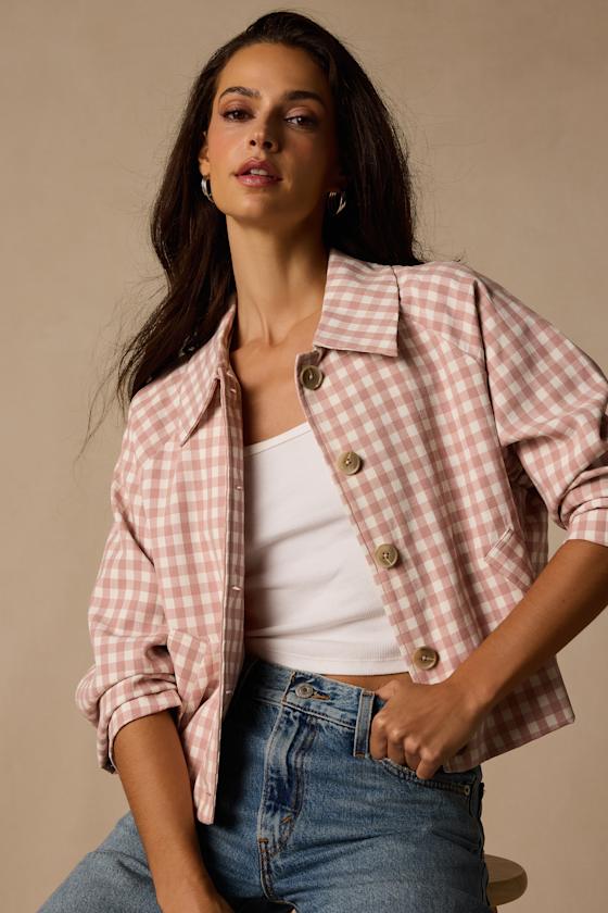 Clemmie Pink and White Gingham Cropped Shacket